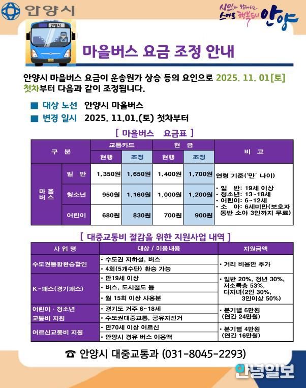안양시, 내달 1일부터 마을버스 요금 ‘일반 1,650원’으로 인상