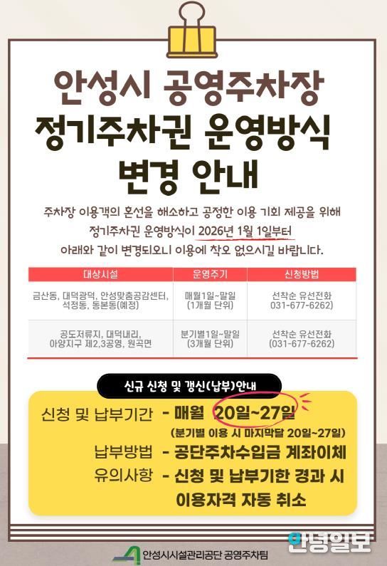 안성시 공영주차장, 정기주차권 ‘월 단위’ 도입 및 주차장별 맞춤 운영 개편