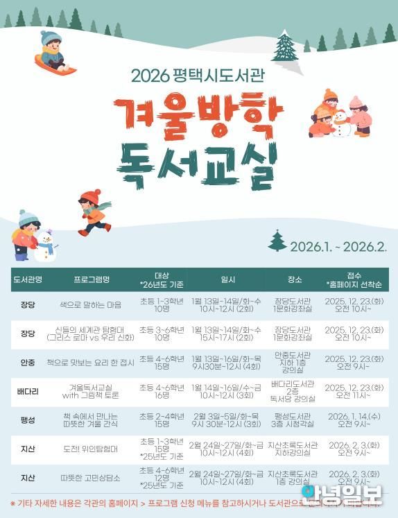 2026년 평택시 도서관 ‘겨울방학 독서교실’ 운영