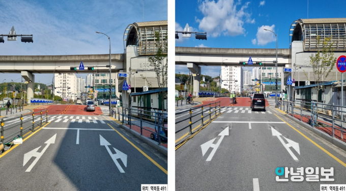 횡단보도와 차량정지선 이격거리를 5m로 확대한 처인구 역북동 491번지의 모습. 사진은 이격거리 확대 전(좌)과 확대 후(우)의 모습.