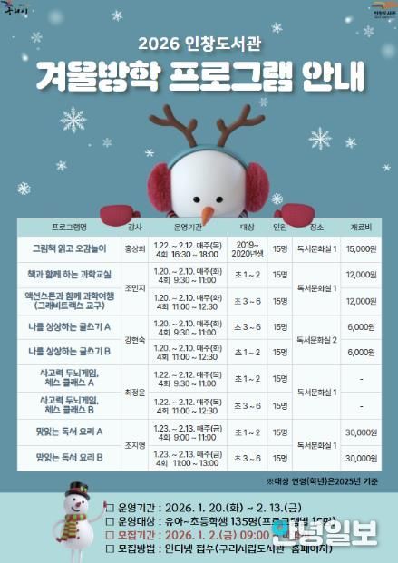 겨울방학이 더 즐거워진다! 구리시 도서관, 풍성한 겨울방학 특강 운영