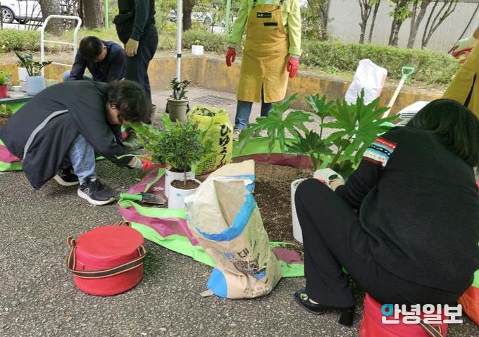 ‘찾아가는 새빛 정원 상담실’에서 시민들이 분갈이 교육을 받고 있다.