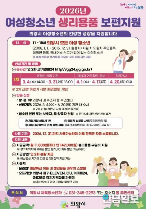 의왕시, 여성청소년 생리용품 보편지원 1차 신청 받아