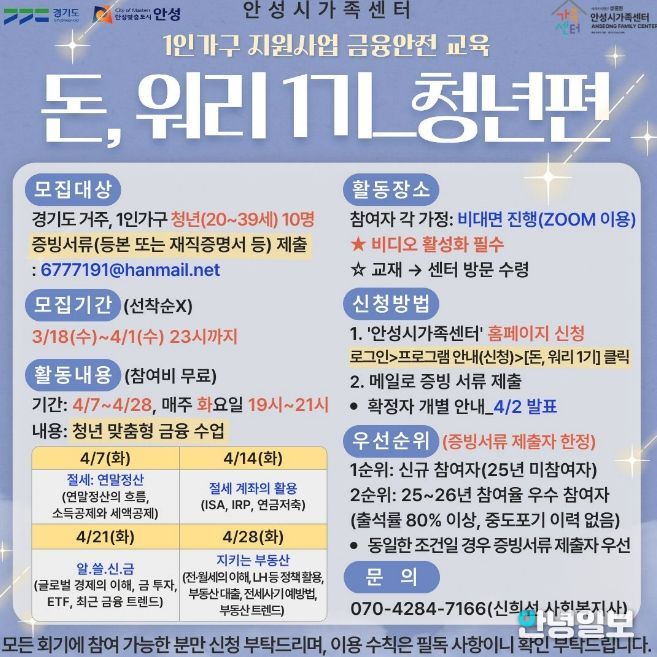 안성시 가족센터, 1인 가구 지원사업...금융안전 교육 '돈, 워리 1기' 청년 참여자 모집