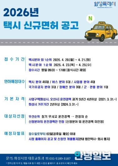 2026년 택시 신규면허 발급 안내 포스터