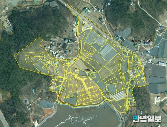 이번에 지적재조사사업이 완료된 대부도 아랫말지구 주제도.